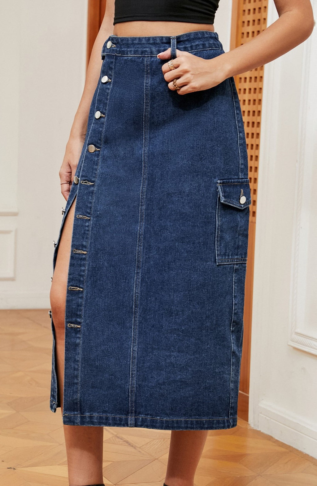 Button Slit Cargo Pocket Denim Midi Skirt - Blue - 1