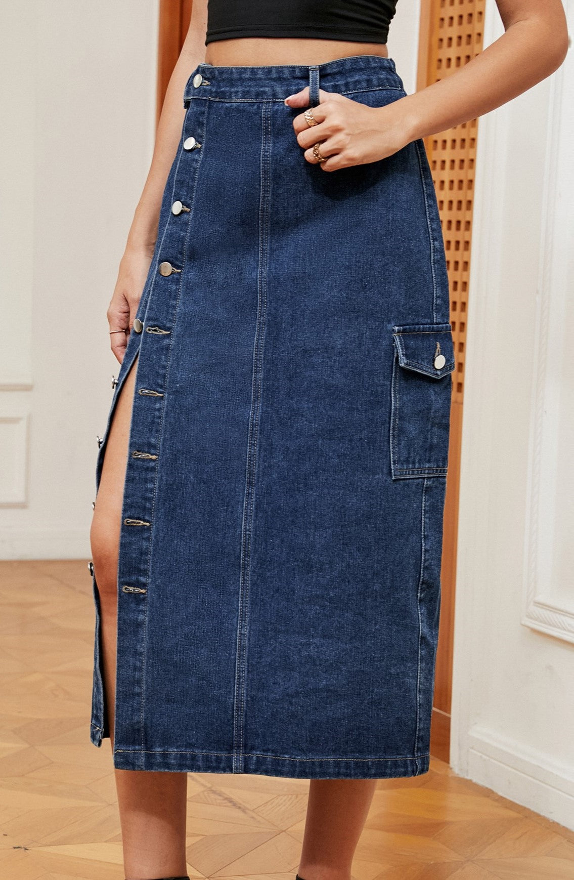 Button Slit Cargo Pocket Denim Midi Skirt - Blue - 1