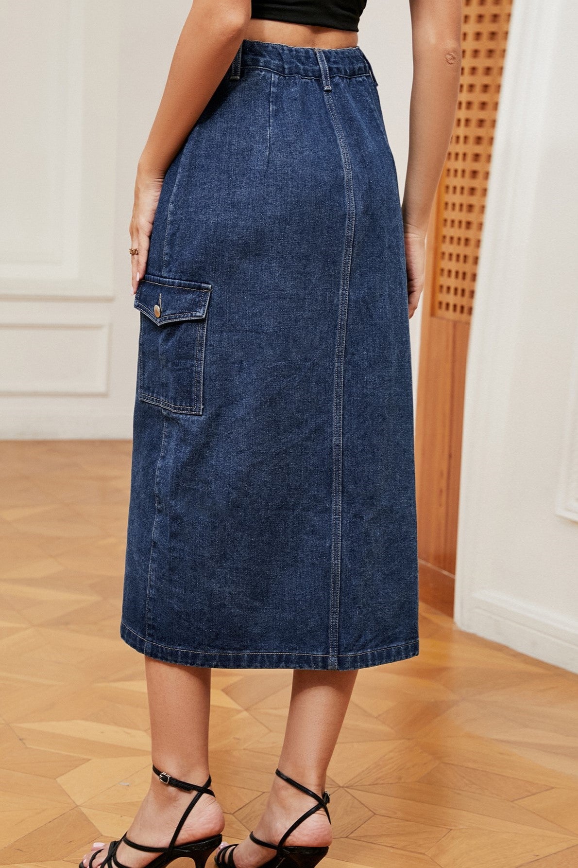 Button Slit Cargo Pocket Denim Midi Skirt - Blue - 2