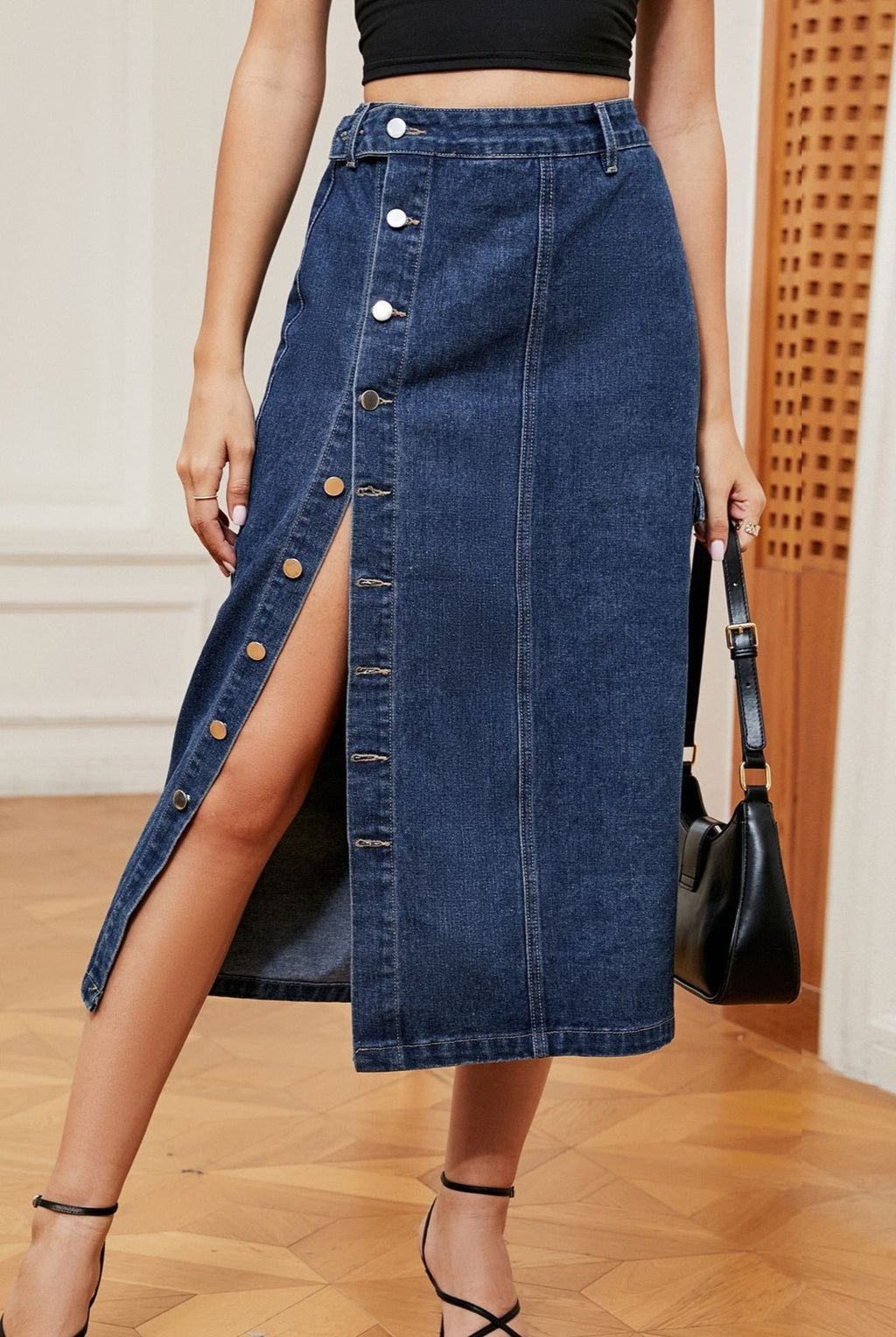Button Slit Cargo Pocket Denim Midi Skirt
