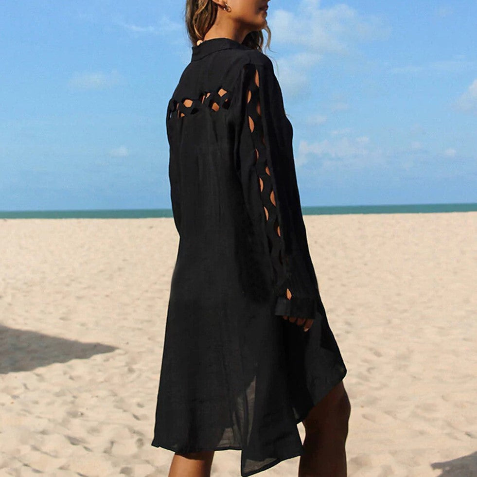 Ladder Cutout Collared Beach Cover Up Shirt - Black - 1