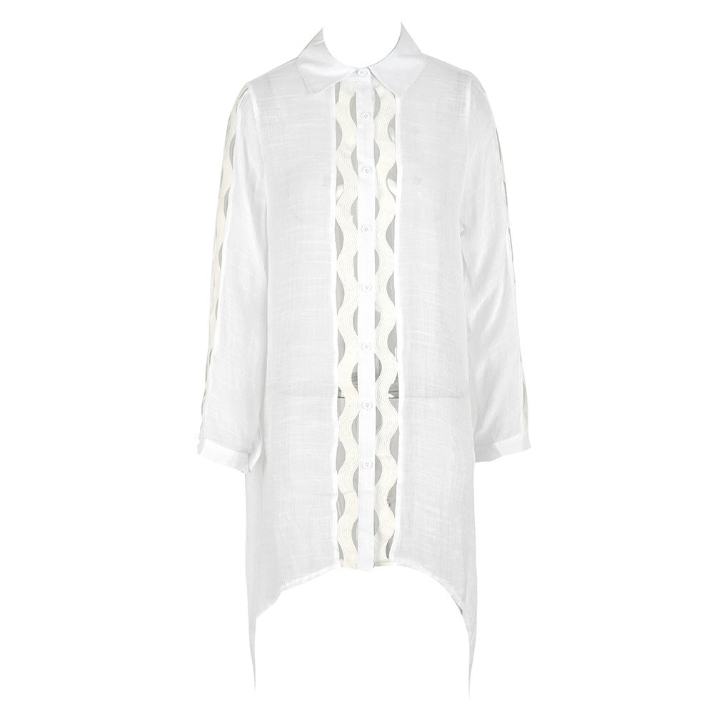 Ladder Cutout Collared Beach Cover Up Shirt - White