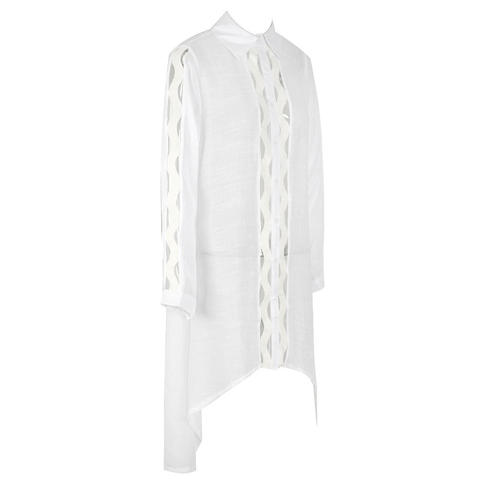 Ladder Cutout Collared Beach Cover Up Shirt - White - 1