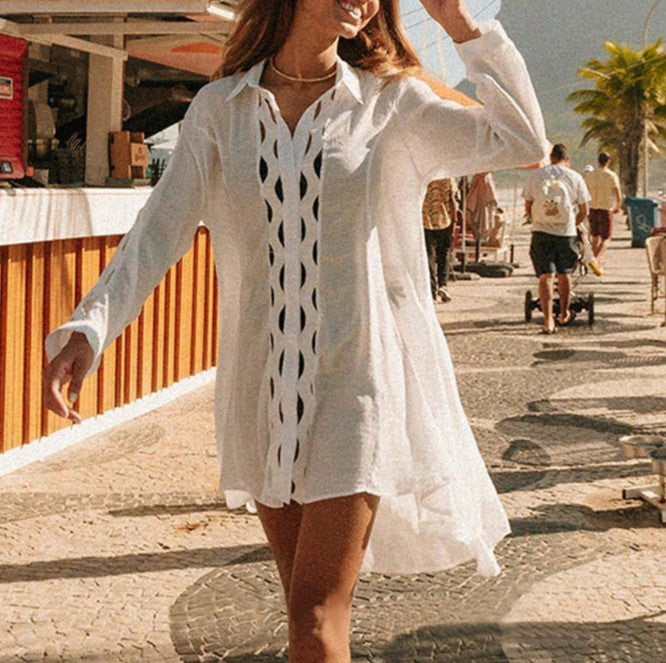 Ladder Cutout Collared Beach Cover Up Shirt - White - 2