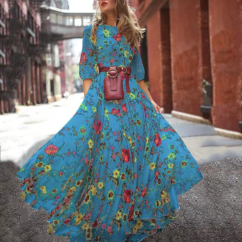 Floral Print Tiered Maxi Dress With Sleeves - Blue