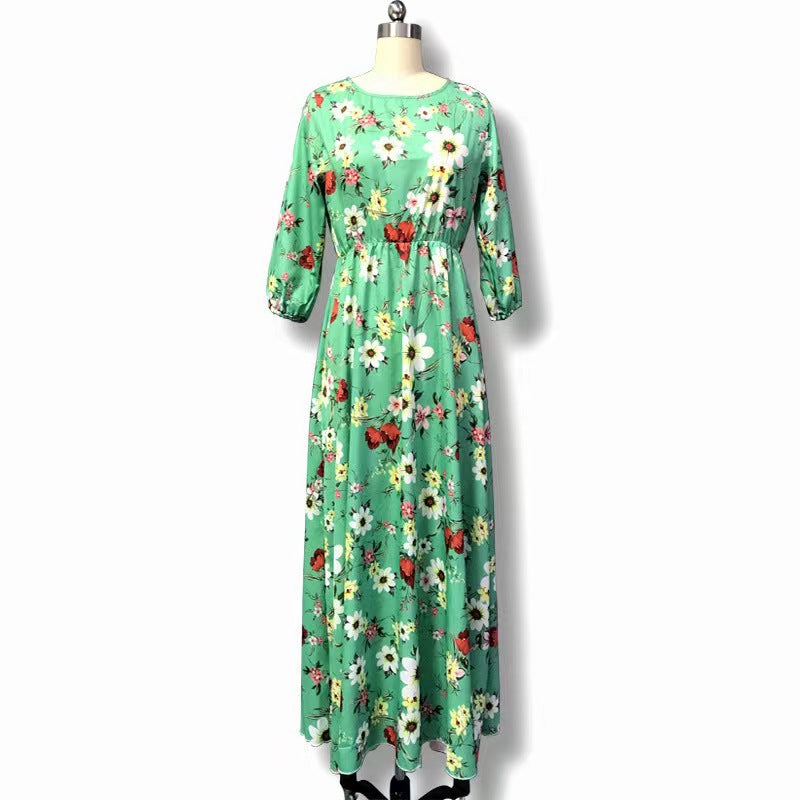 Floral Print Tiered Maxi Dress With Sleeves - Green