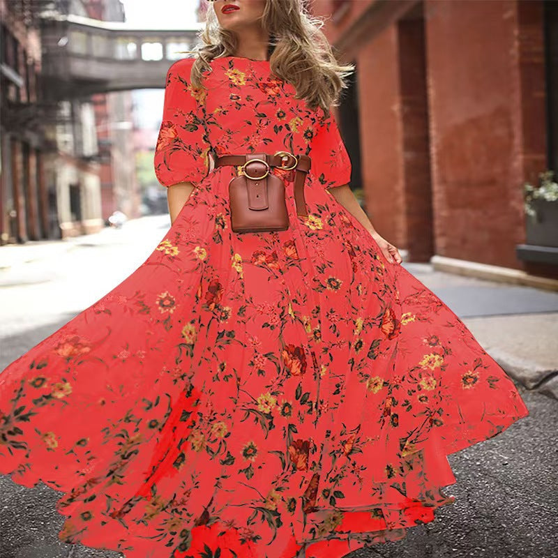 Floral Print Tiered Maxi Dress With Sleeves - Red
