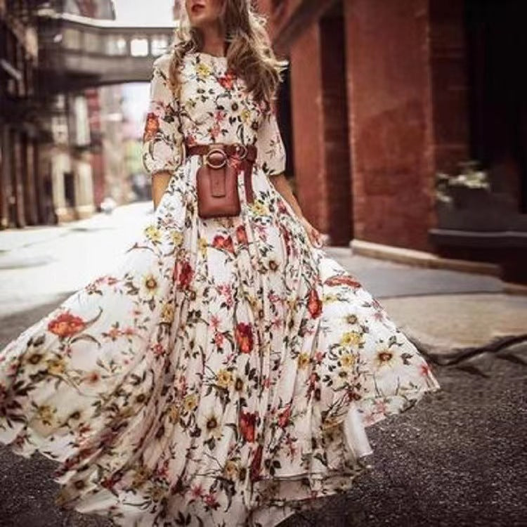 Floral Print Tiered Maxi Dress With Sleeves - White