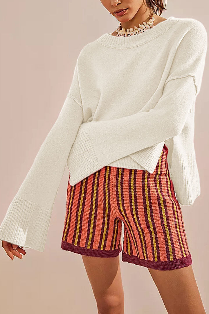 Cropped Bell Sleeve Crewneck Knit Sweater - Beige