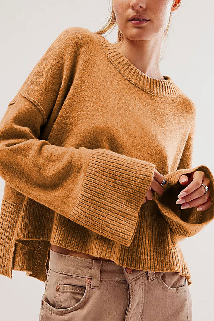 Cropped Bell Sleeve Crewneck Knit Sweater - Biscuit
