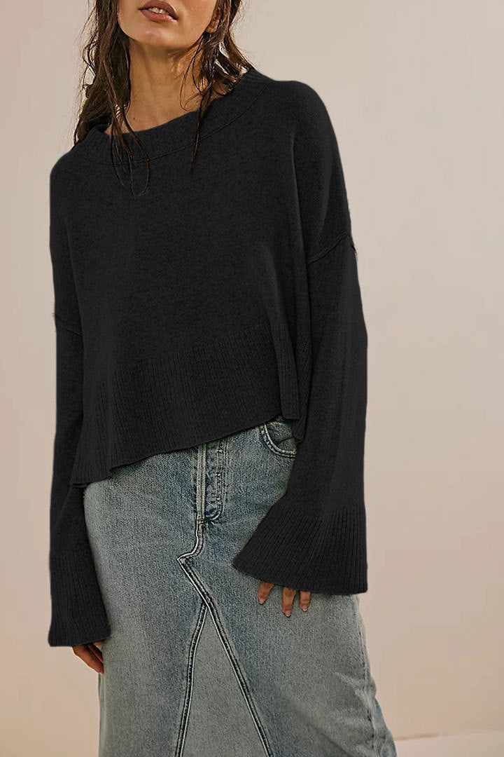 Cropped Bell Sleeve Crewneck Knit Sweater - Black