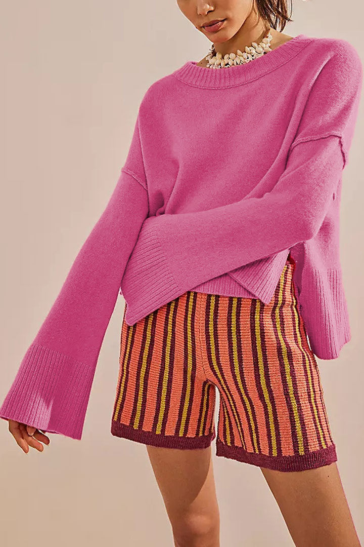 Cropped Bell Sleeve Crewneck Knit Sweater - Fuchsia