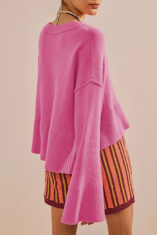 Cropped Bell Sleeve Crewneck Knit Sweater - Fuchsia - 1