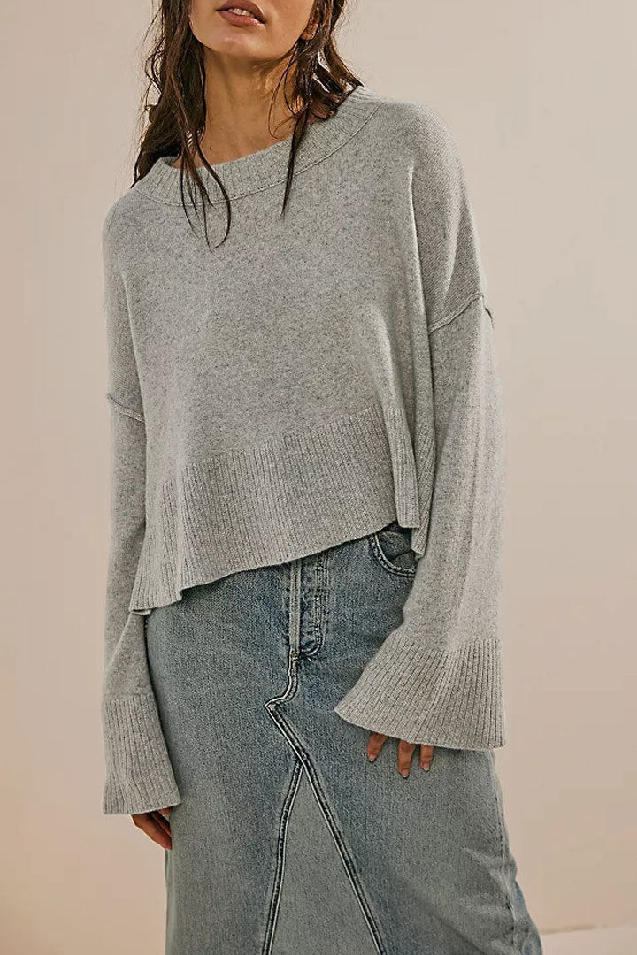 Cropped Bell Sleeve Crewneck Knit Sweater - Grey