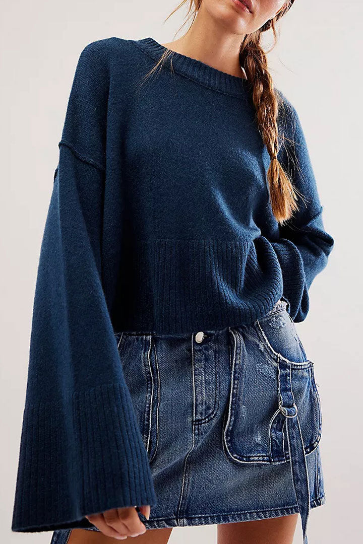 Cropped Bell Sleeve Crewneck Knit Sweater - Navy