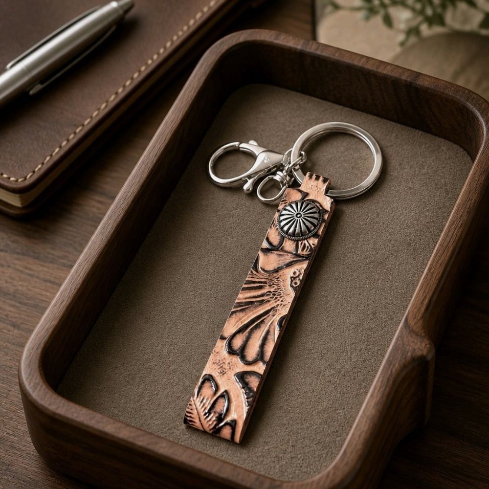 Tooled Leather Western Keychain with Concho Accent - C1