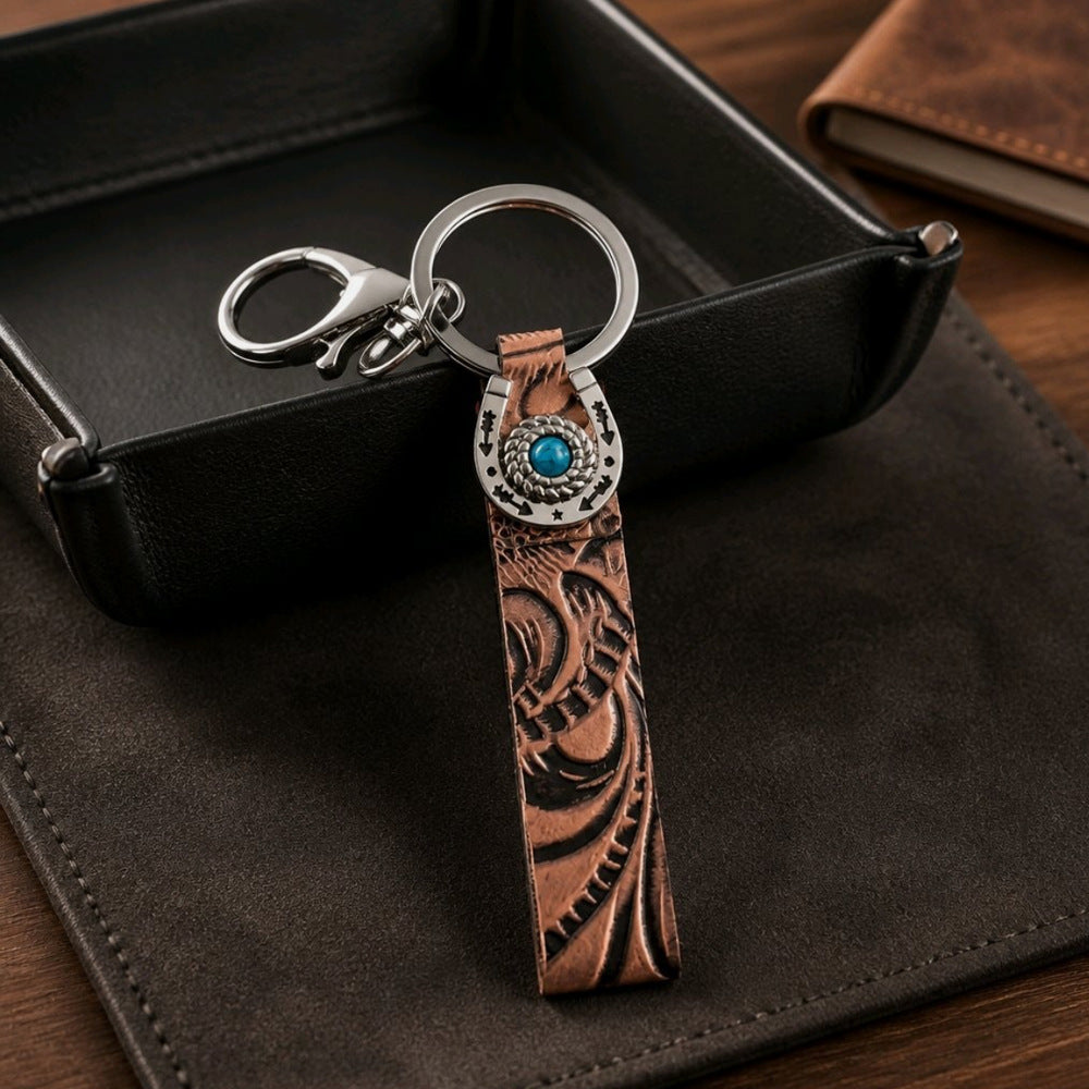 Tooled Leather Western Keychain with Concho Accent - C2