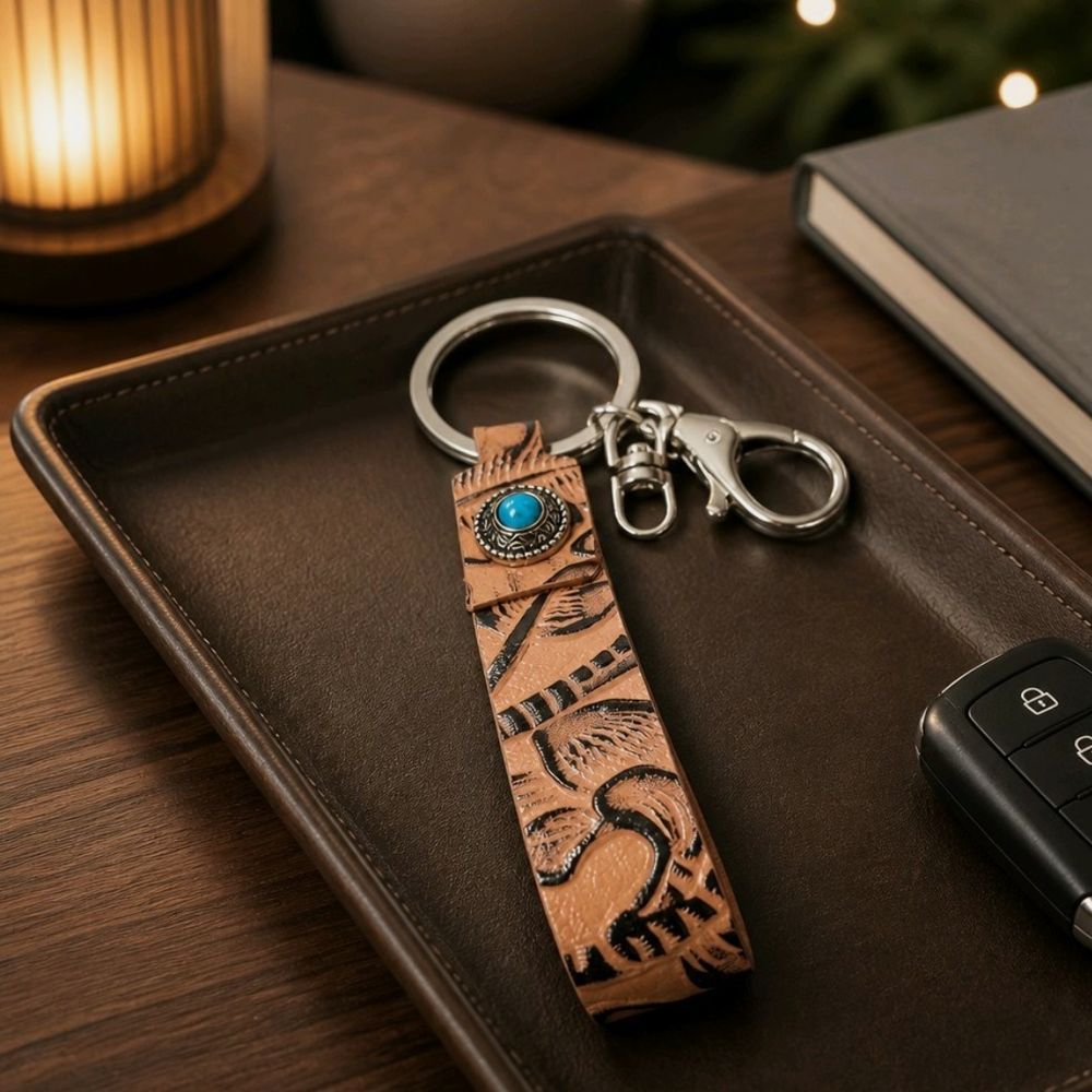 Tooled Leather Western Keychain with Concho Accent - C3