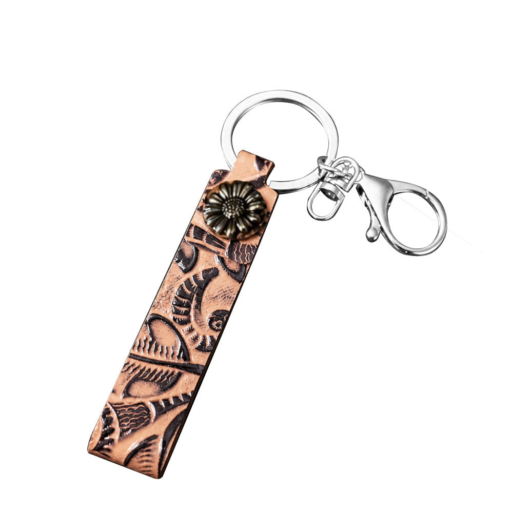 Tooled Leather Western Keychain with Concho Accent - C6