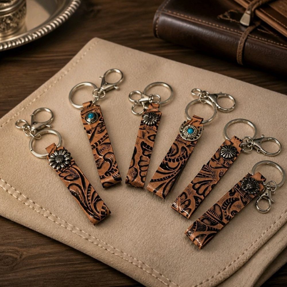 Tooled Leather Western Keychain with Concho Accent