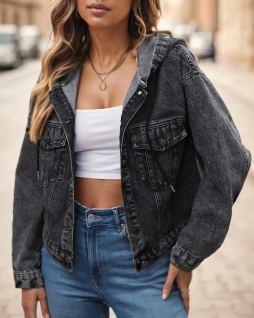 Cropped Hooded Denim Trucker Jacket - Black