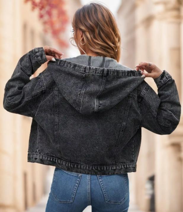 Cropped Hooded Denim Trucker Jacket - Black - 4