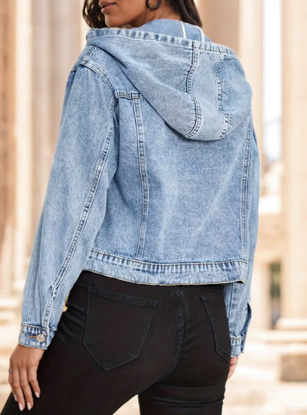 Cropped Hooded Denim Trucker Jacket - Blue - 1