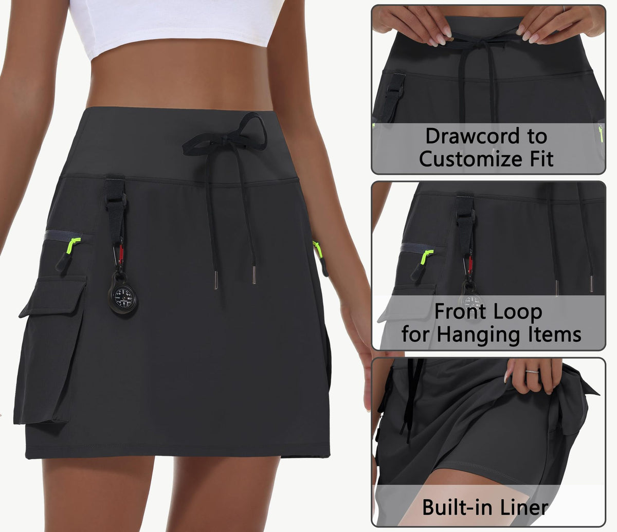 Athletic Cargo Skort With Drawcord Waist - Black - 2