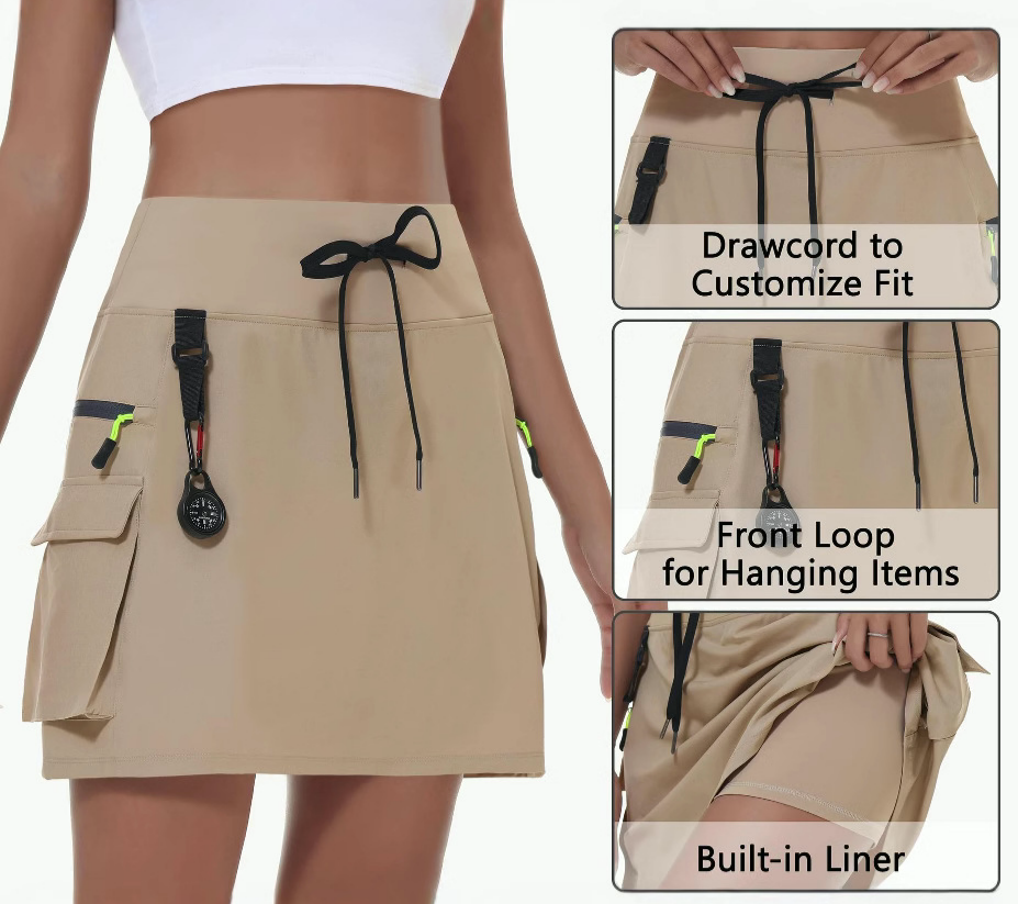 Athletic Cargo Skort With Drawcord Waist - Khaki - 2