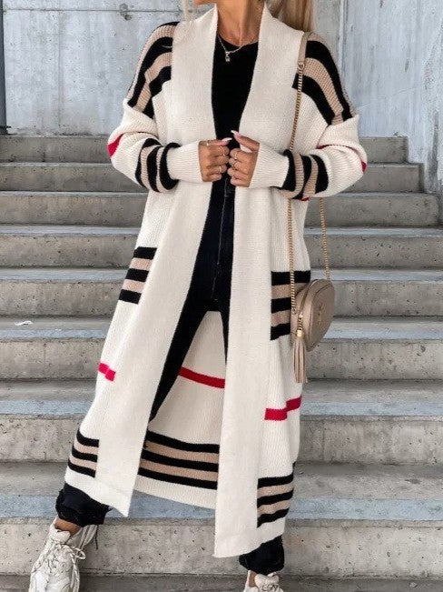 Longline Striped Open Front Knit Cardigan - Beige