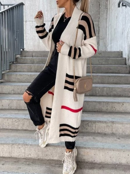 Longline Striped Open Front Knit Cardigan - Beige - 1