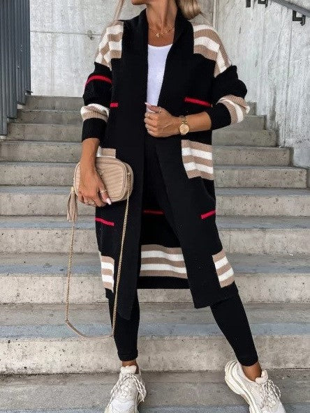 Longline Striped Open Front Knit Cardigan - Black
