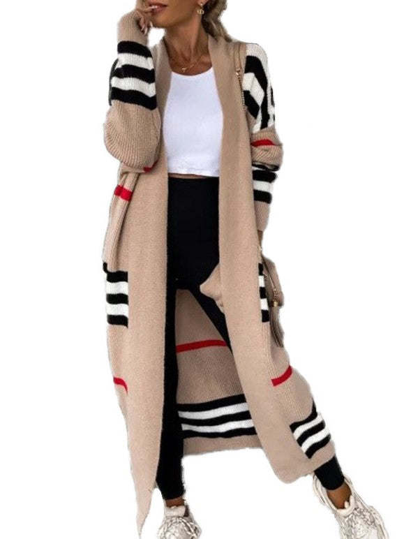 Longline Striped Open Front Knit Cardigan - Camel