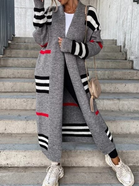 Longline Striped Open Front Knit Cardigan - Grey