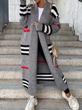 Longline Striped Open Front Knit Cardigan - Grey