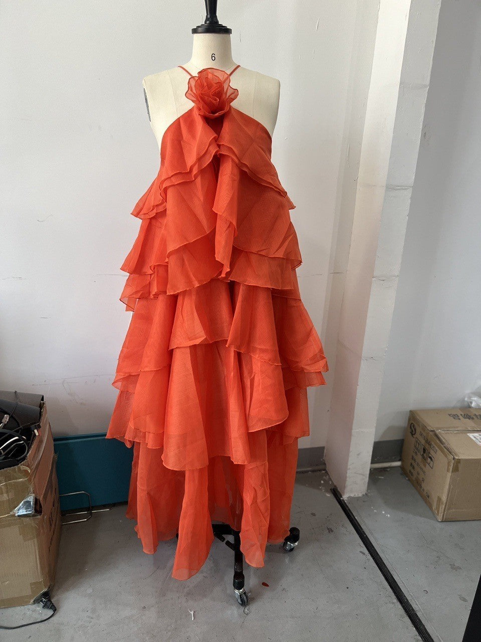 Chiffon Rosette Halter Tiered Ruffle Maxi Dress - Orange