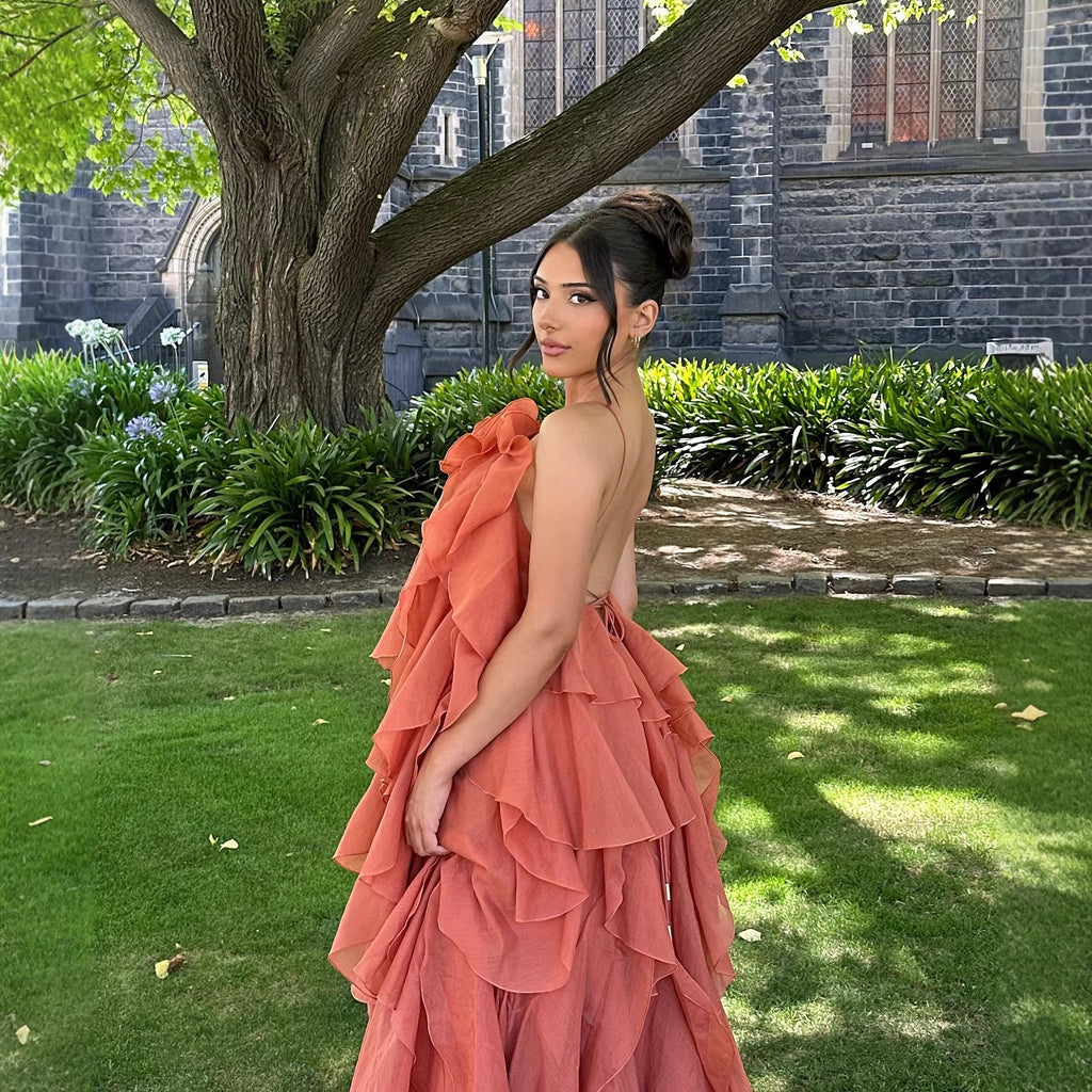 Chiffon Rosette Halter Tiered Ruffle Maxi Dress