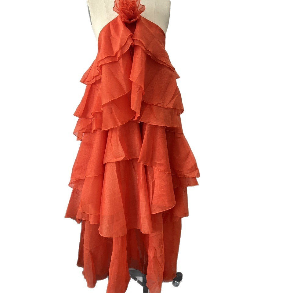 Chiffon Rosette Halter Tiered Ruffle Maxi Dress