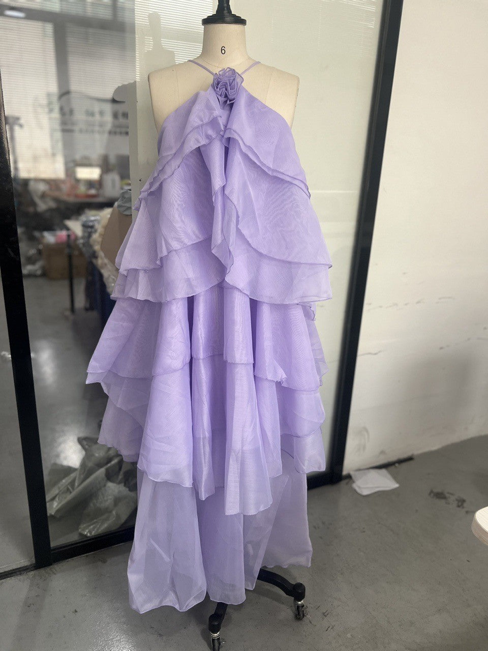 Chiffon Rosette Halter Tiered Ruffle Maxi Dress