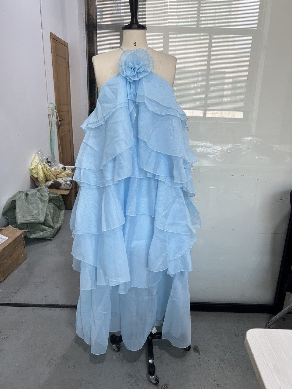 Chiffon Rosette Halter Tiered Ruffle Maxi Dress