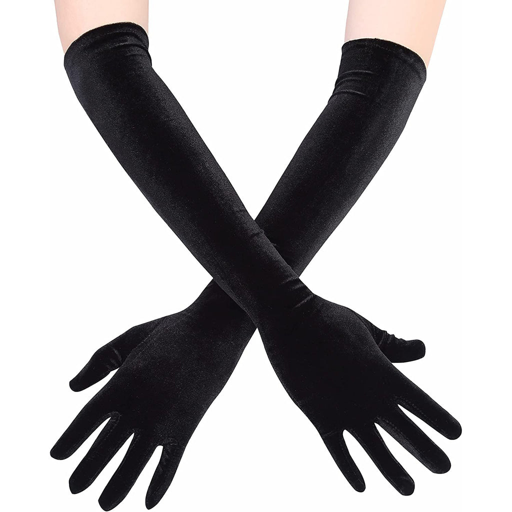Stretch Velvet Opera Length Gloves - Black