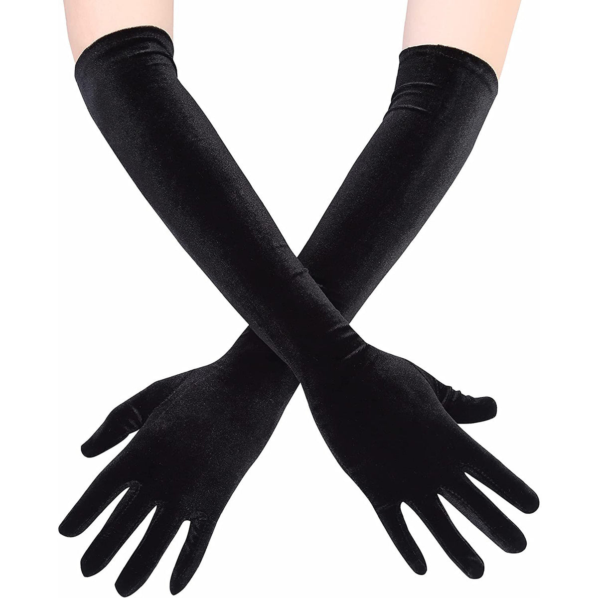 Stretch Velvet Opera Length Gloves - Black
