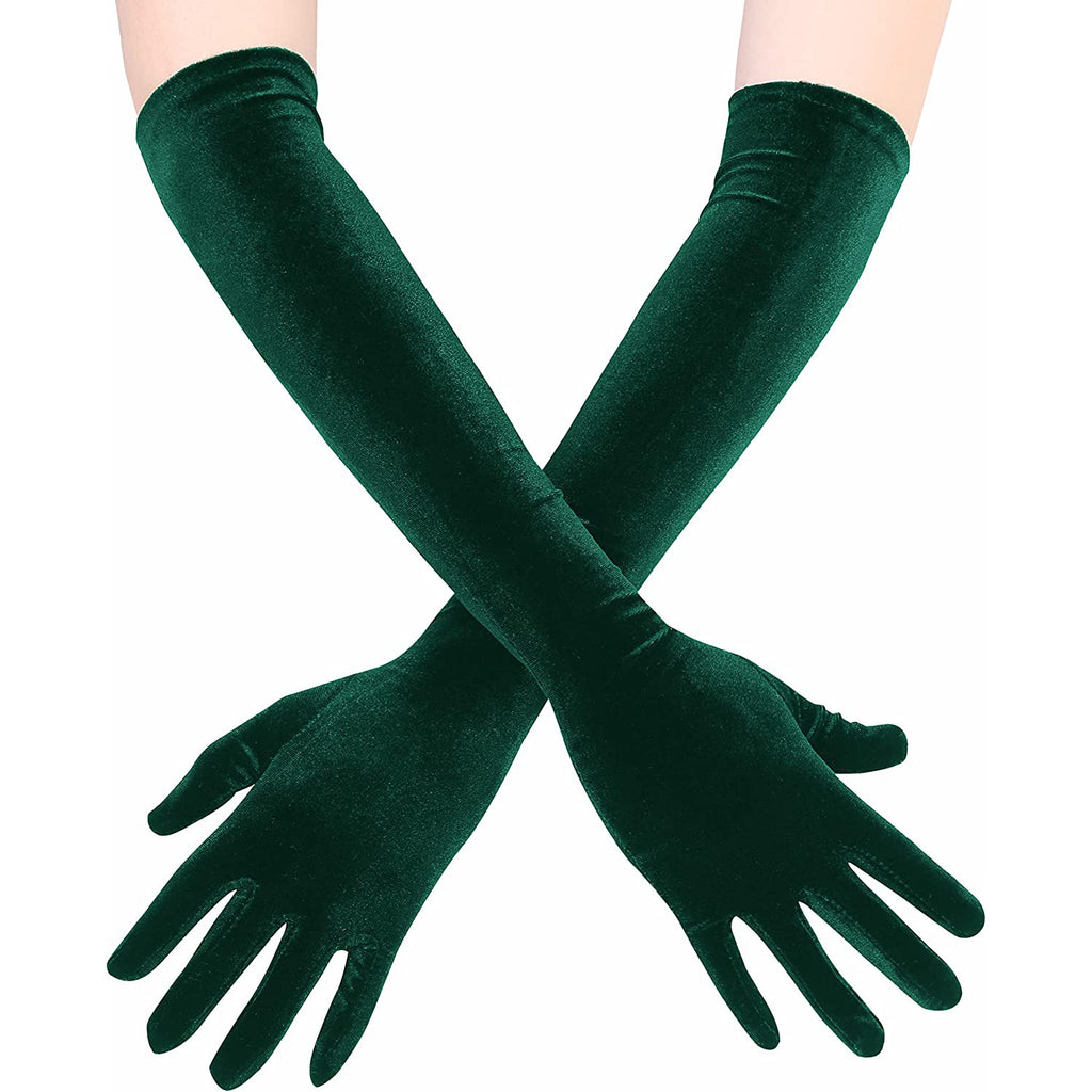 Stretch Velvet Opera Length Gloves - DarkGreen