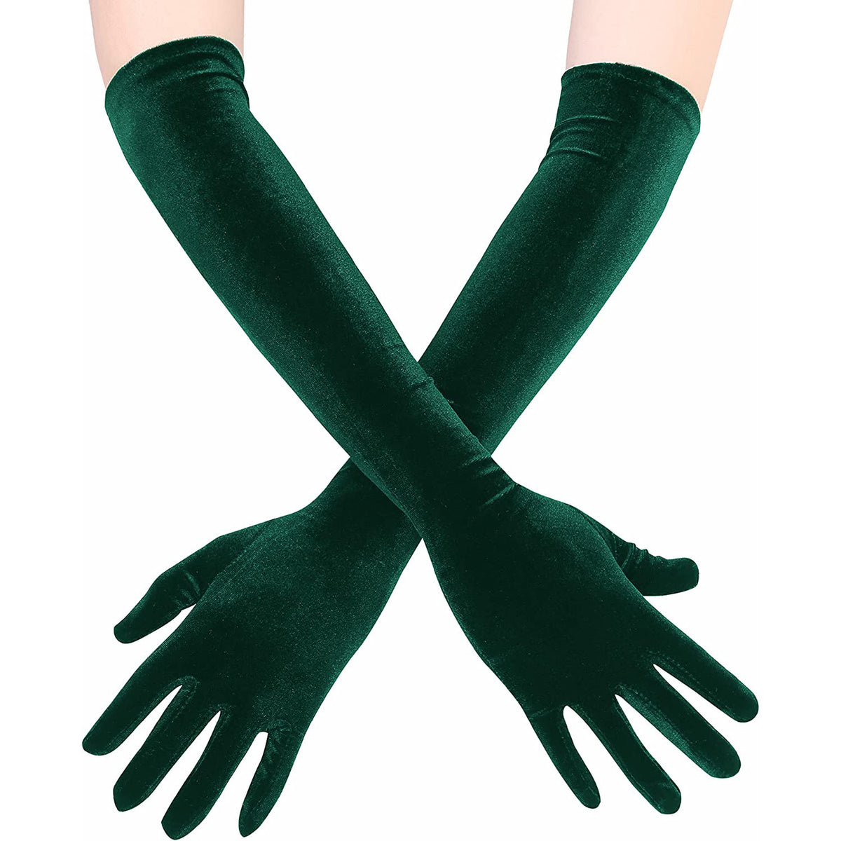 Stretch Velvet Opera Length Gloves - DarkGreen