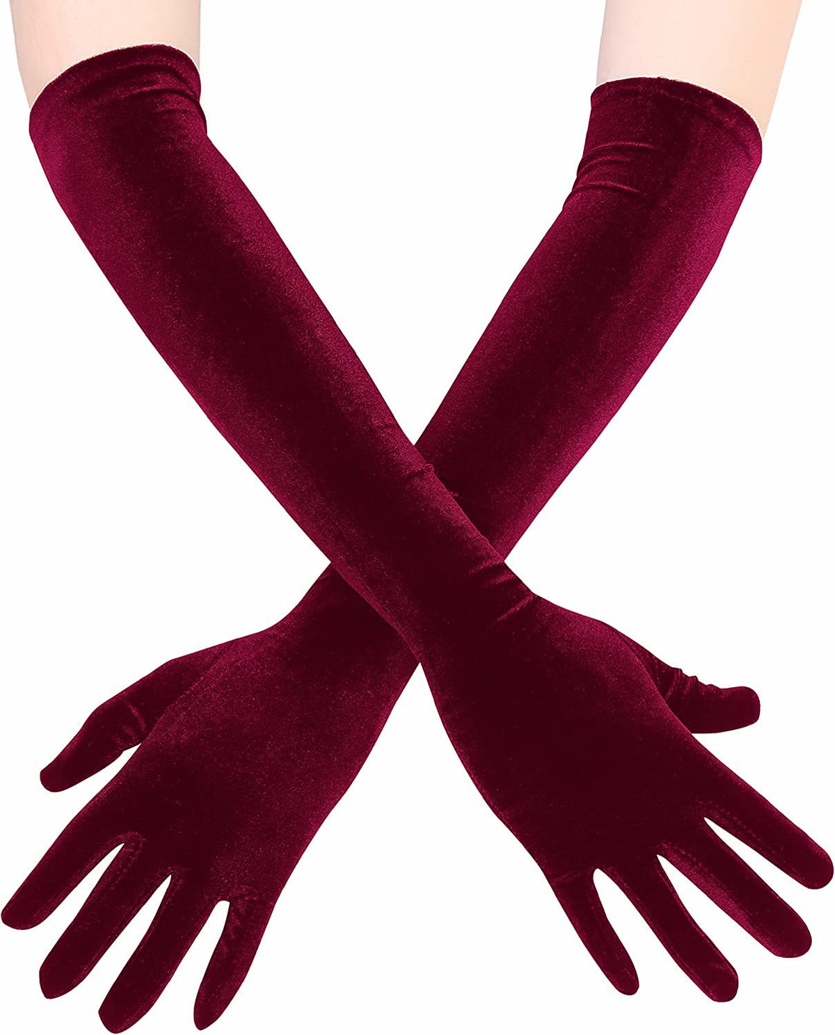 Stretch Velvet Opera Length Gloves - WineRed