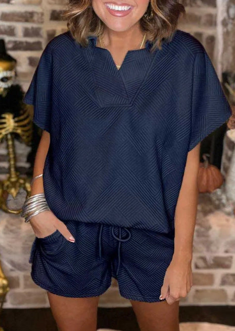 Waffle Notch Neck Top And Shorts Set - DarkBlue