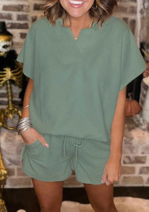 Waffle Notch Neck Top And Shorts Set - DkGreen