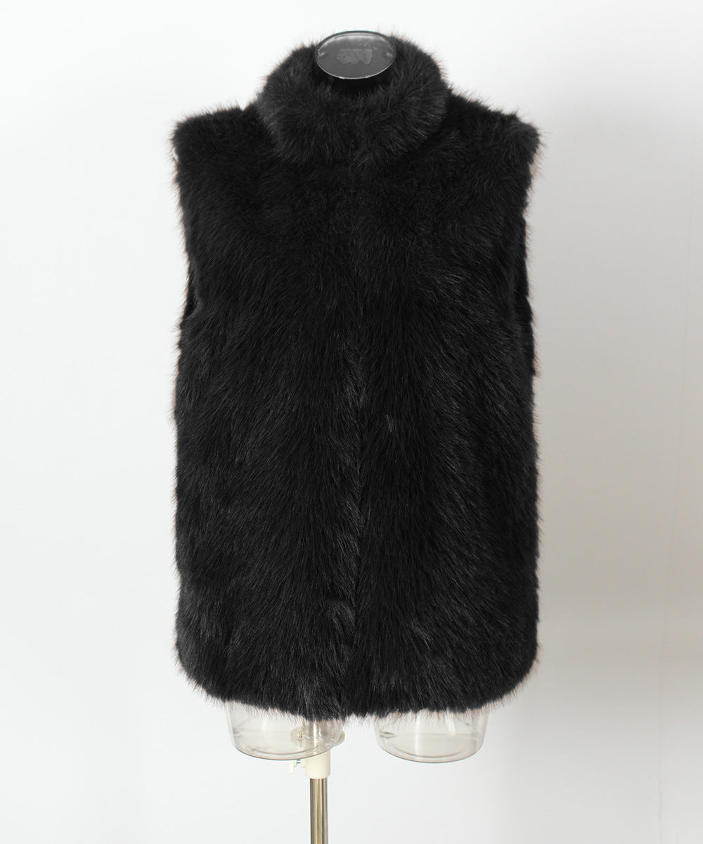 Stand Collar Faux Fur Sleeveless Vest - Black
