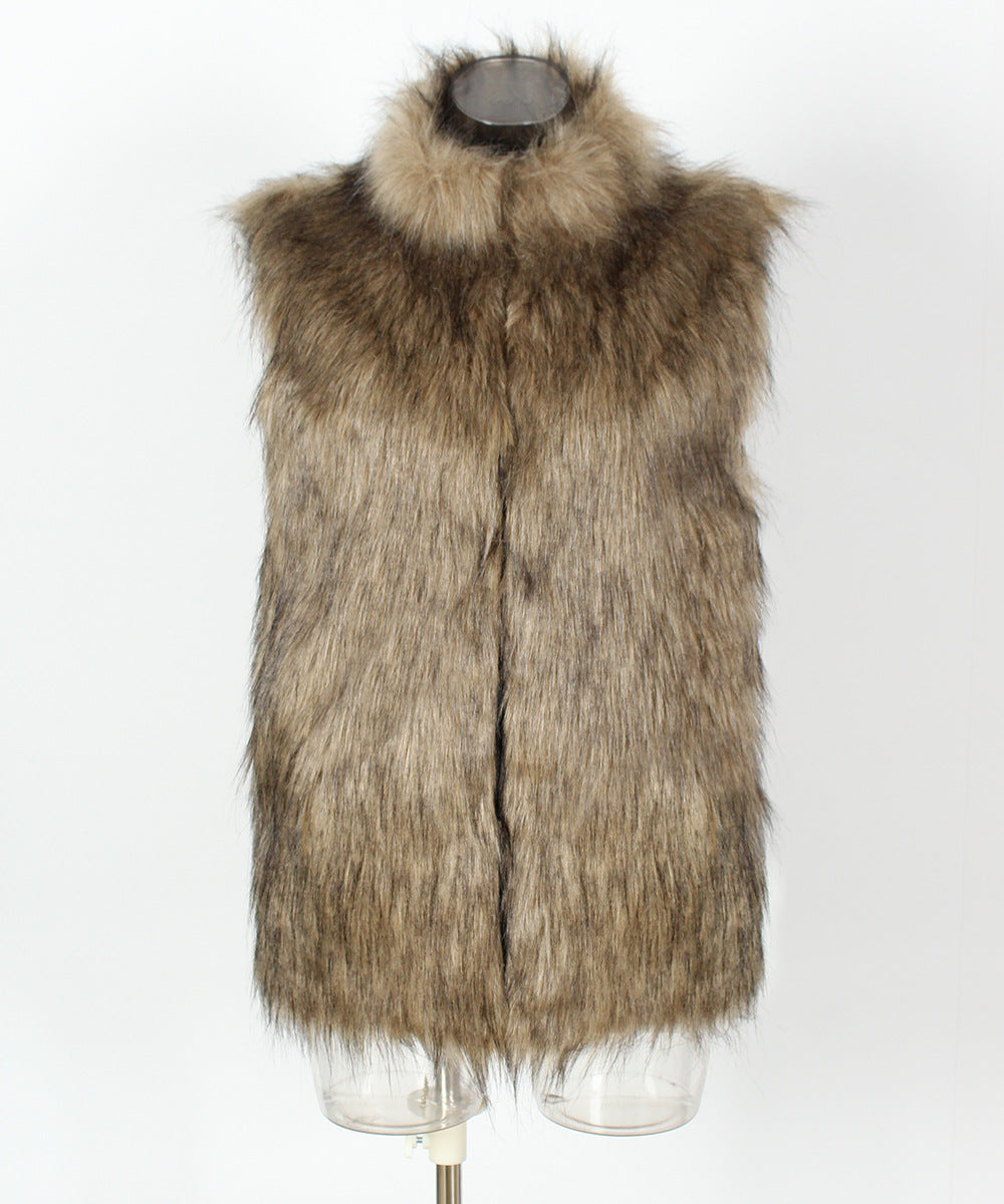 Stand Collar Faux Fur Sleeveless Vest - Camel