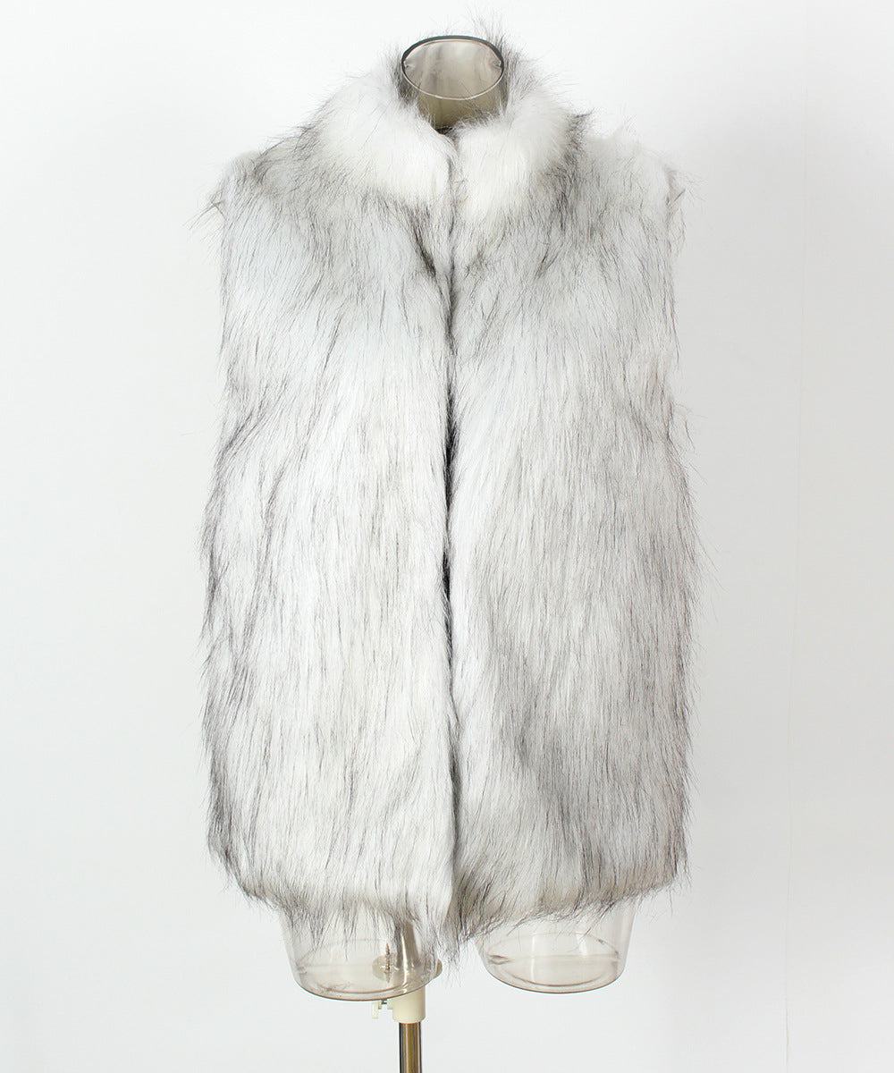 Stand Collar Faux Fur Sleeveless Vest - White